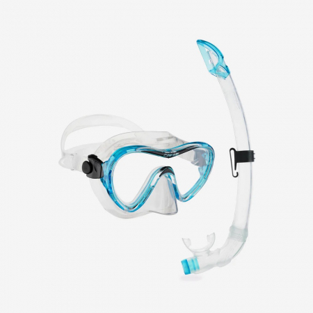 Snorkeling mask with blue-rimmed lenses and a matching snorkel for underwater breathing