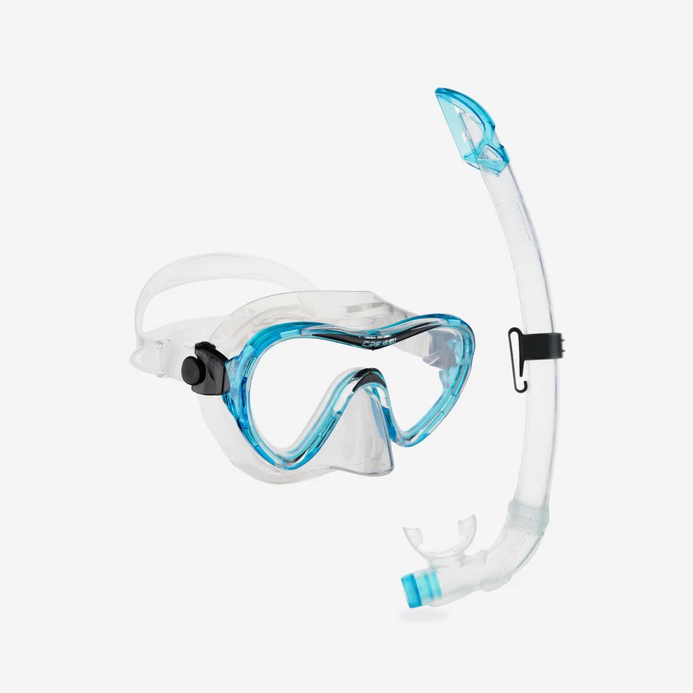 Snorkeling mask with blue-rimmed lenses and a matching snorkel for underwater breathing