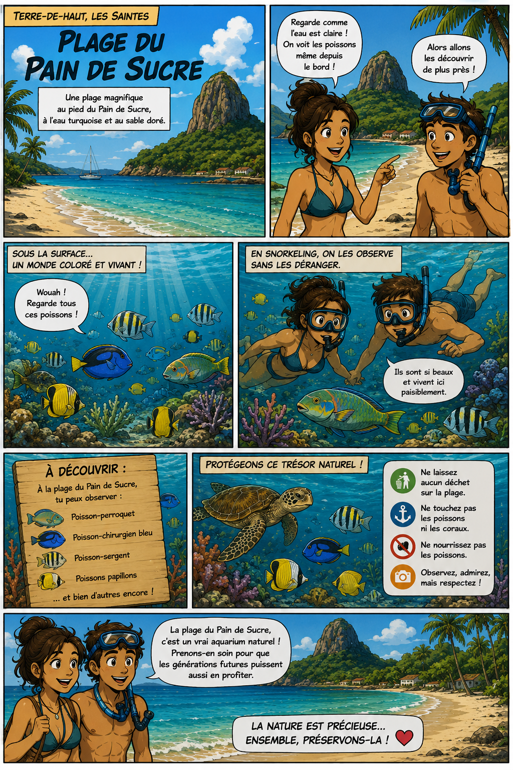 Vue panoramique d'une plage tropicale turquoise avec falaises et collines en fond, titre 'Terre-de-Hault, Les Saintes' et texte descriptif.