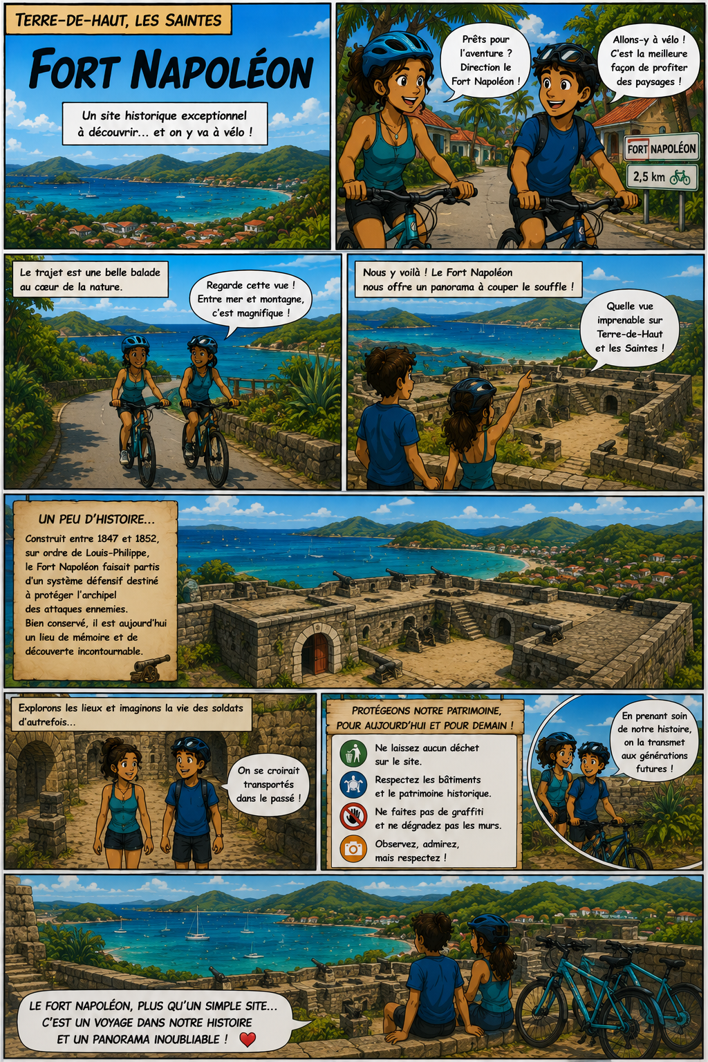 Comic strip panels showing two cyclists exploring Fort Napoléon on Terre-de-Haut, with blue sea and hills in the background.