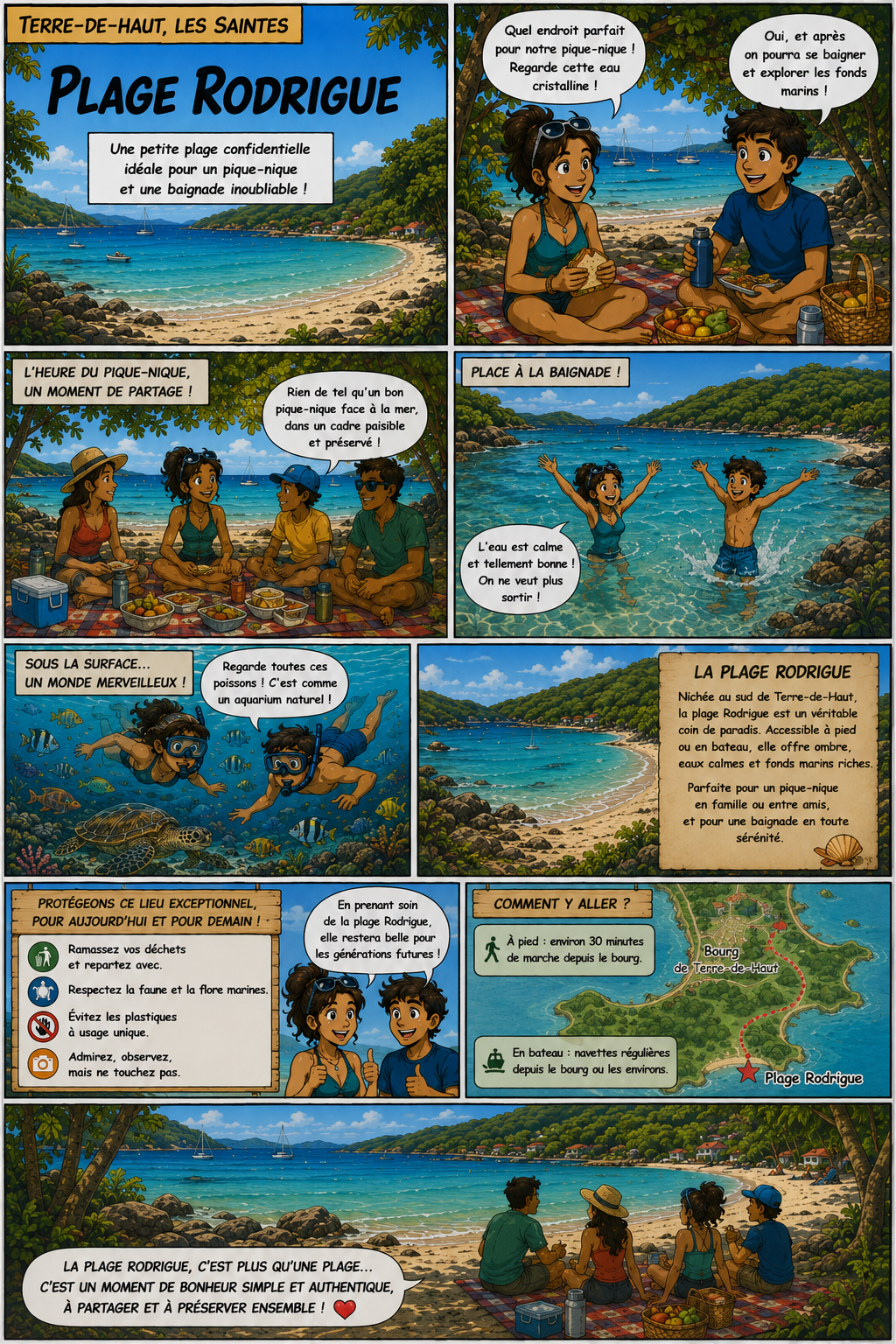 Comic strip about Plage Rodrigue: friends picnicking on a sunny beach with blue water and boats in the background.